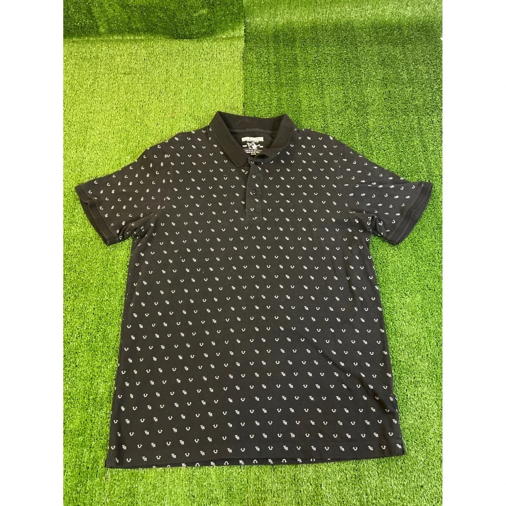True Religion Mens XL Black All Over Print Horseshoe Logo Polo Shirt